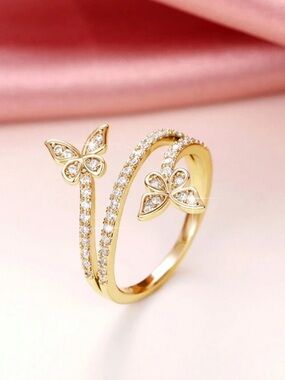 Yellow Gold Butterfly Double Band Ring - Elegant Women's Jewelry